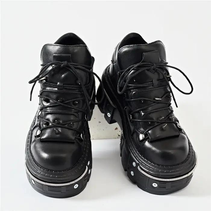 Punk femmes à lacets cheville Botas Mujer 2025 Rivet métal décoration bout rond fond épais bottes fe