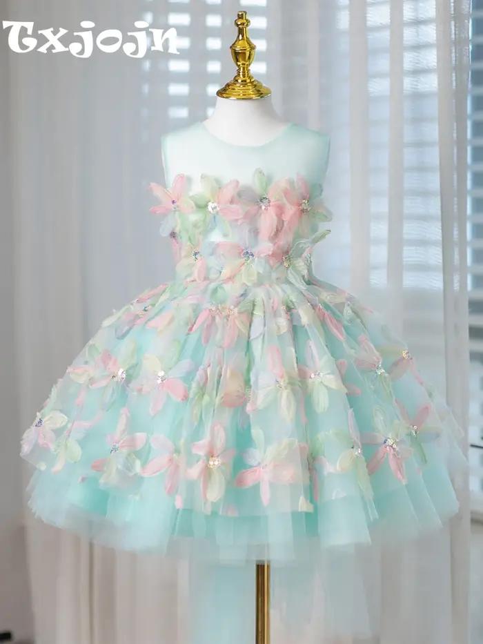 Robe de princesse colorée à fleurs 3D pour enfants, 80-160cm, élégante, col rond, sans manches, avec