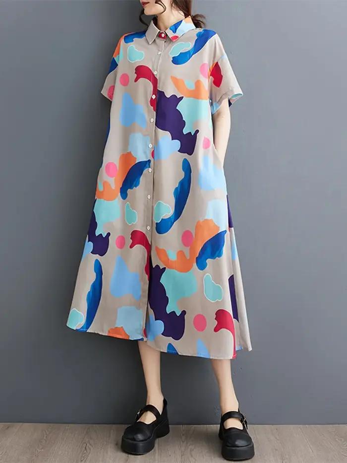 Robe chemise Vintage imprimée Patchwork pour femmes, manches courtes, ample, décontractée, mi-longue