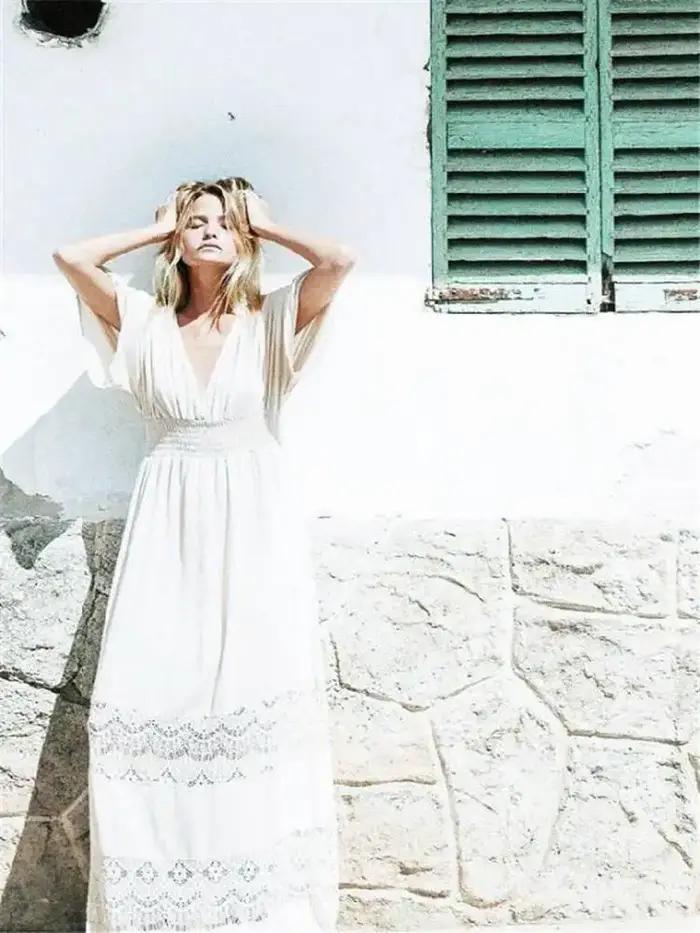 Robe longue d'été en coton blanc pour femmes, style bohème, sexy, décolleté en V profond, demi-manch