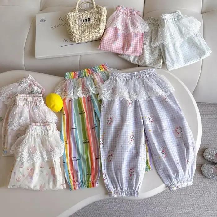 Nouvel ensemble décontracté d'été pour filles de 2 à 7 ans : pantalon lanterne à carreaux et rayures