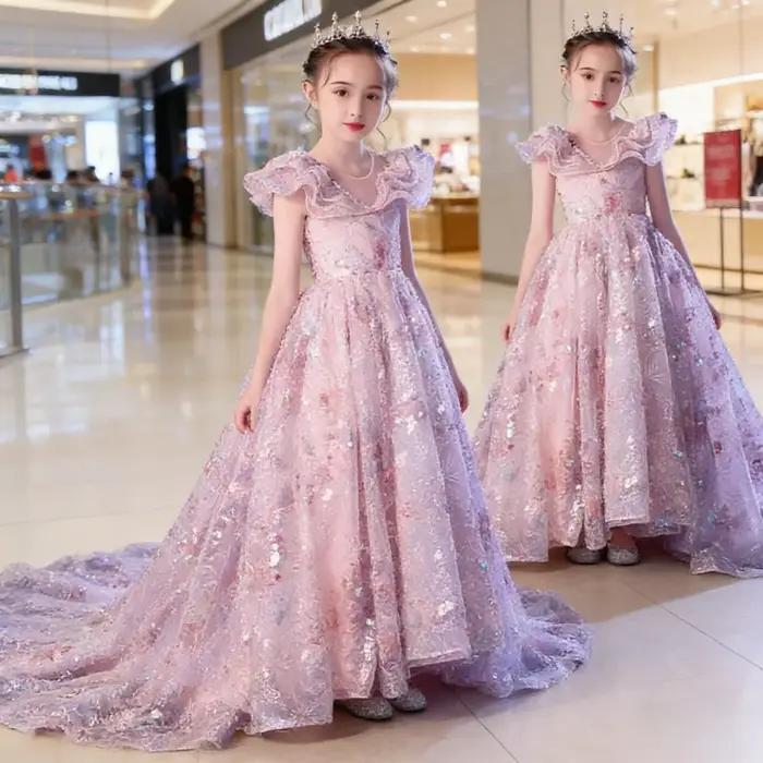 Robe de soirée élégante rose pour filles, style princesse avec traîne, pour petite fille, idéale pou