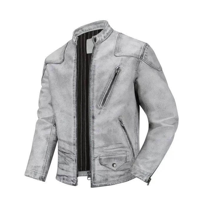 Veste en cuir véritable vieilli pour homme, style rétro, finition usée, col montant, classique, en c