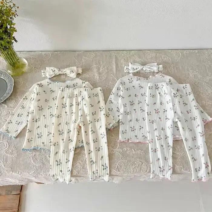  Nouveauté bébé filles imprimé fleuri coton pyjama ensemble à manches longues dentelle garniture de
