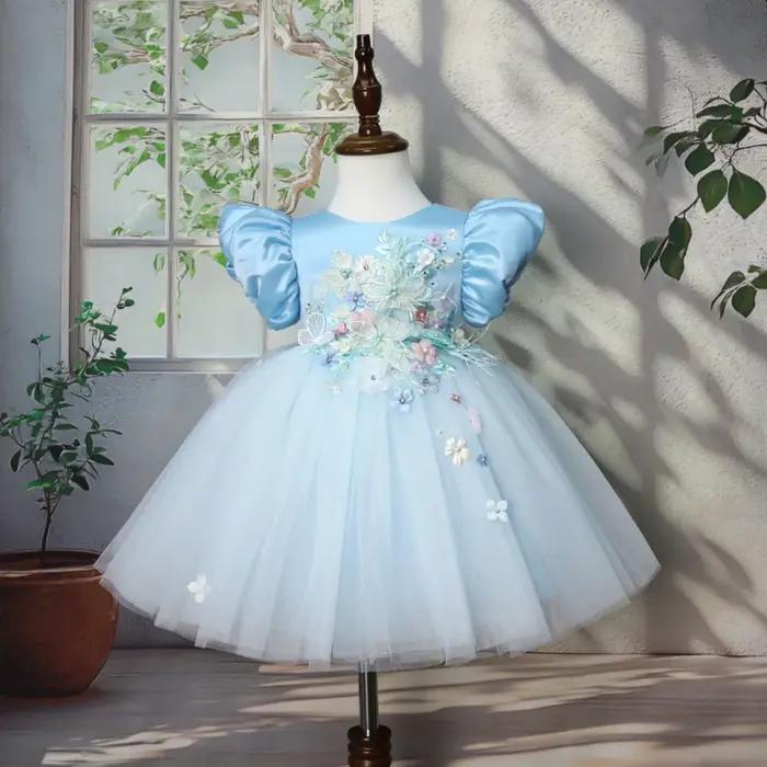 Nouvelle Robe de Princesse Bleue en Satin à Manches Bulles pour Enfants 2026 – Robe Bouffante pour A
