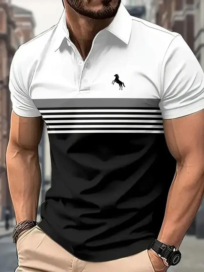 Polo décontracté à manches courtes pour hommes, avec imprimé cheval 3D, rayé, Design bloc de couleur