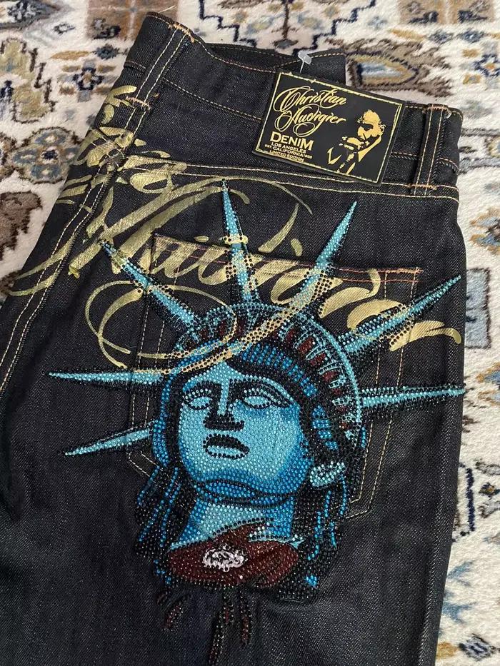 Jean décontracté vintage années 2000 avec motif Statue de la Liberté et diamants, taille haute, coup