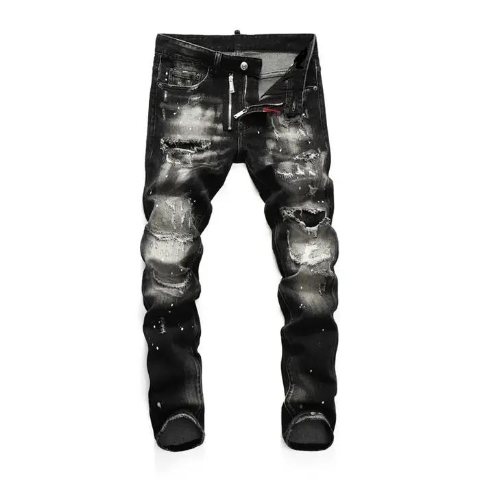 Haute qualité rue mode hommes jean rétro bleu élastique coupe ajustée déchiré jean hommes broderie c