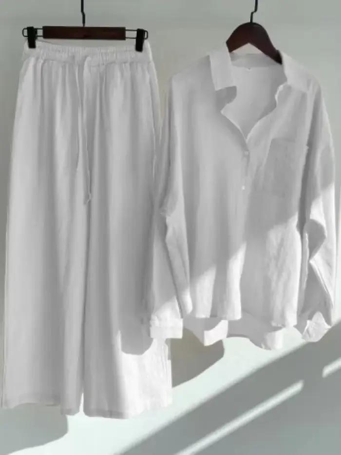Costume chemise en coton et lin pour femmes, nouvelle tendance, taille haute, pantalon ample, ensemb