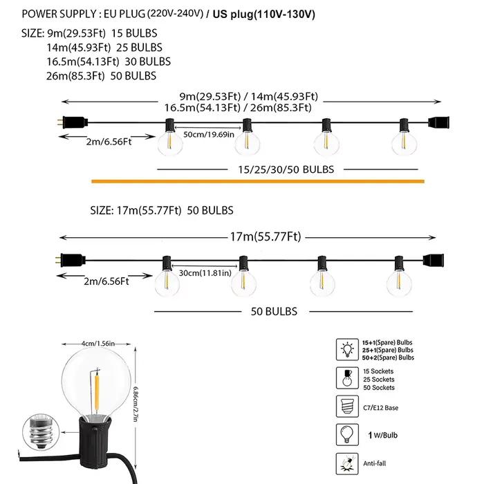 Guirlande lumineuse d'extérieur LED G40, variable, ampoules Globe, pour rue, Patio, jardin, arrière-