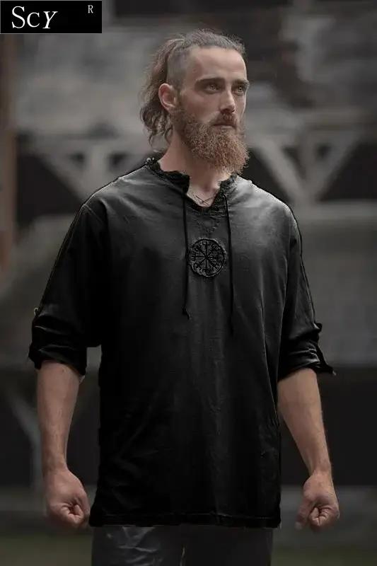 Hommes grande taille petit haut ancien Viking broderie à lacets col en V à manches longues petit hau