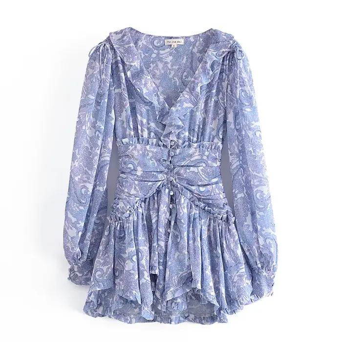 Mini Robe en mousseline de soie à imprimé Floral bleu pour femmes, 2022, oreilles en bois, volants,