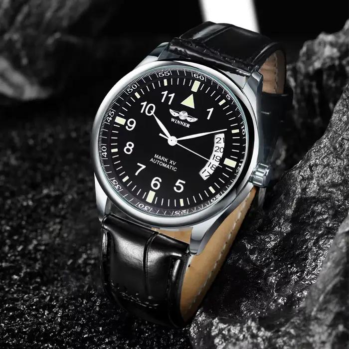 Montre automatique WINNER pour homme, fenêtre de calendrier, cadran noir tendance, bracelet en cuir