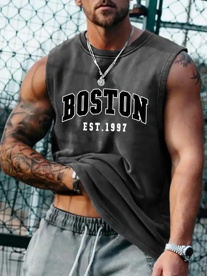 Gilet sans manches à col rond pour hommes, mode d'été, sport décontracté, ample, imprimé Boston est