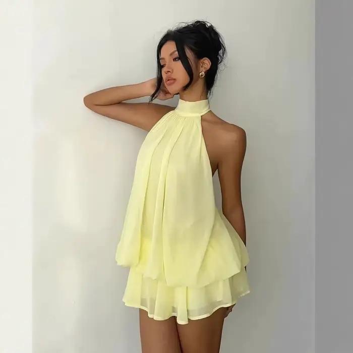 Robe licou pour femme, dos nu, en mousseline transparente, mini-jupe à nouer devant, robe de soirée