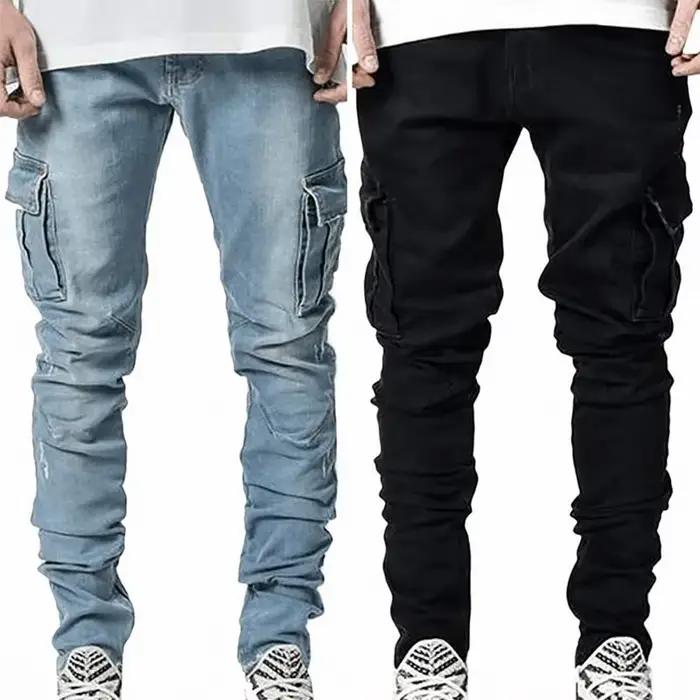 Jean élastique de rue pour hommes, pantalon Cargo en Denim, couleur unie, multi-poches, décontracté,