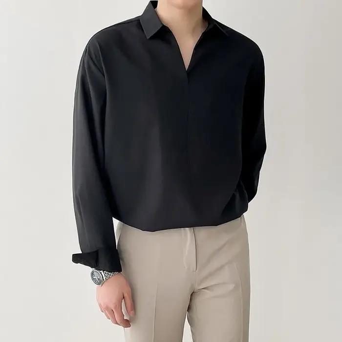 Nouveau coréen col en V hommes chemises de luxe décontracté Style tombant mince couleur unie à manch