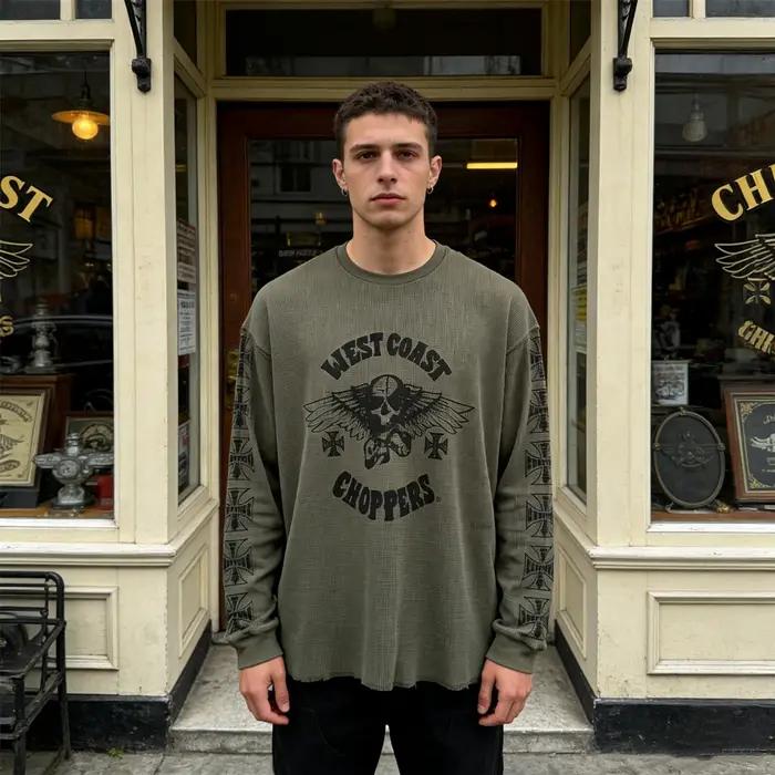 T-shirt ample à manches longues pour homme, style américain vintage, imprimé en tissu gaufré, décont