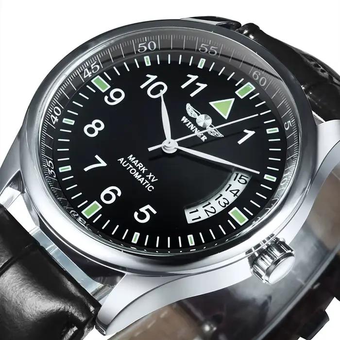Montre automatique WINNER pour homme, fenêtre de calendrier, cadran noir tendance, bracelet en cuir