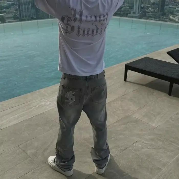 Y2K rétro jean couleur claire motif Dollar broderie épissure Denim pantalon gothique Hip Hop Streetw
