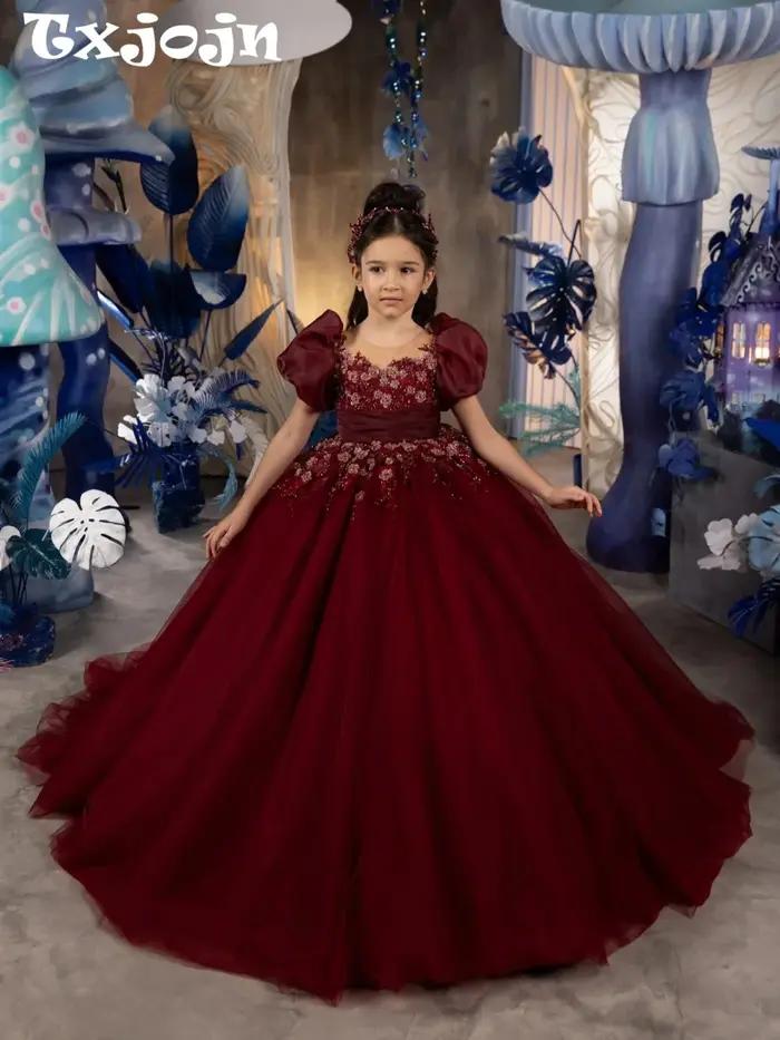 Robe de princesse en dentelle bordeaux avec appliques, tenue de spectacle pour enfants, manches bouf