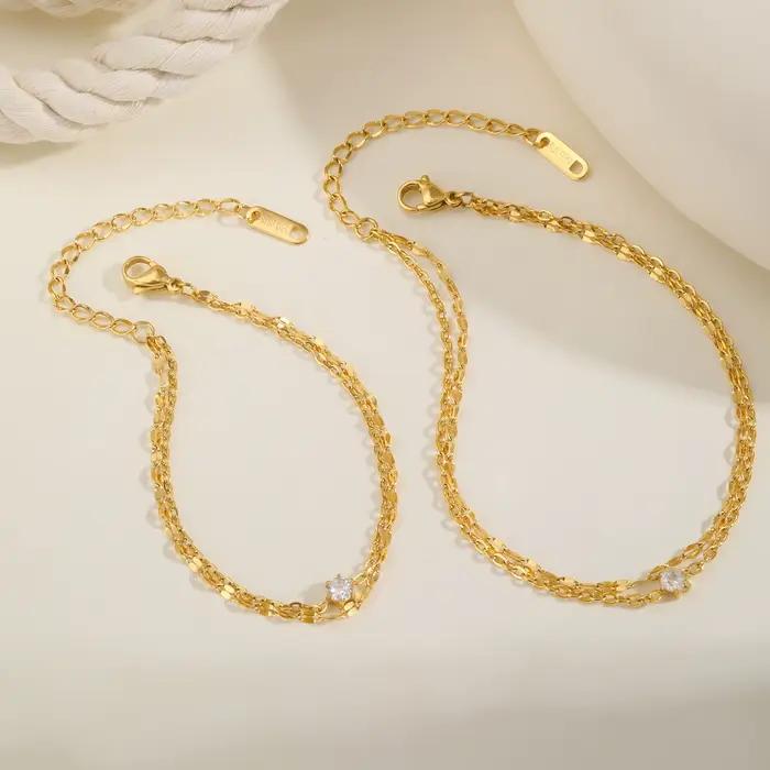 Bracelet de cheville superposé imperméable pour femmes, plaqué or réglable avec zircone, chaîne de p