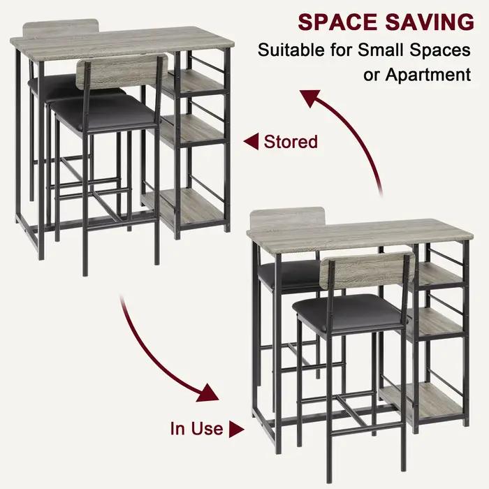 Ensemble de table à manger avec étagères à 3 niveaux, ensemble de table de cuisine de bar avec 2 cha