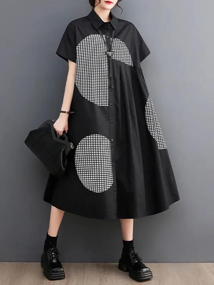 Robes chemises amples à manches courtes imprimées vintage pour femmes – Tenue décontractée longue et
