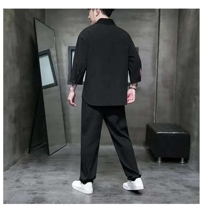 Ensemble Homme Printemps-Été Léger Deux Pièces en Soie Glacée : Haut Boutonné à Col en V et Manches
