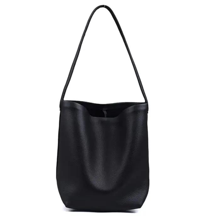 Sac à main en cuir véritable pour femme, couleur unie, minimaliste, sac à bandoulière, sac seau