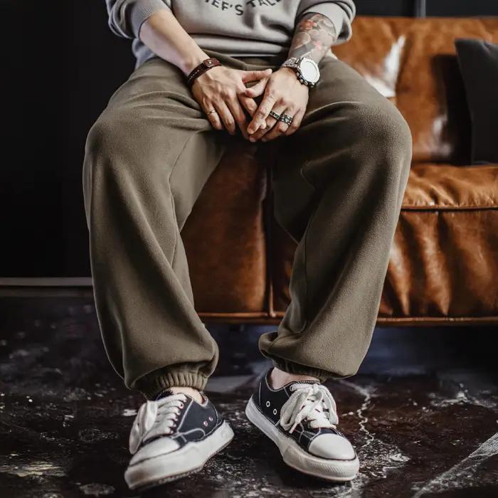 Maden Vintage hommes pantalon de survêtement en polaire brossé vert Olive pantalon thermique taille