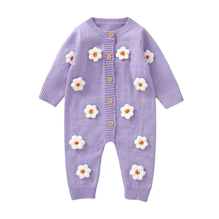 Barboteuse manches longues bébés filles imprimé floral doux combinaison acrylique body nouveau-né