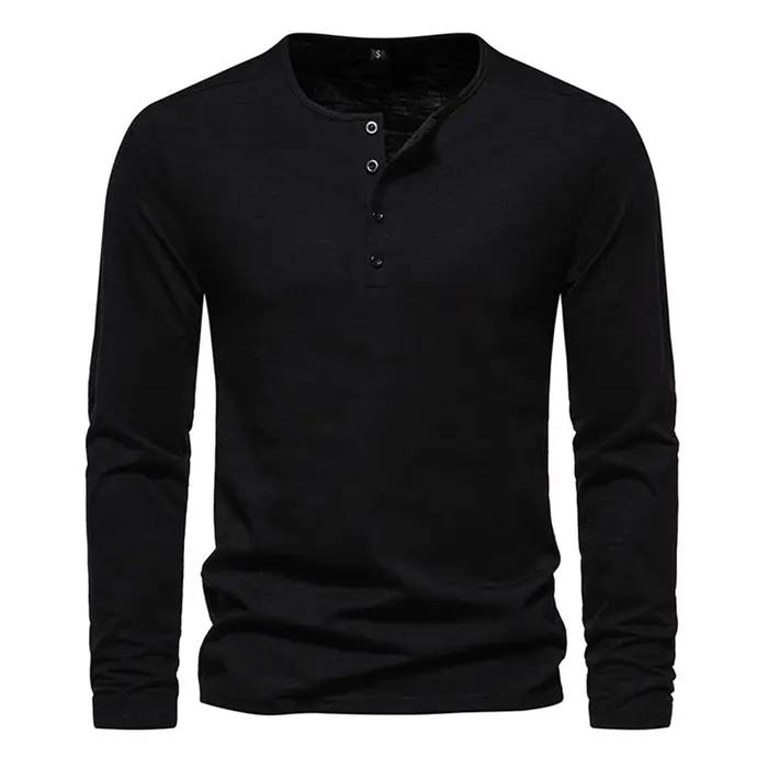 Hommes à manches longues T-shirt coton coupe ajustée chemise de fond Fitness hauts t-shirts bouton c