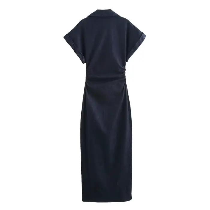 ETJ 2025 printemps nouvelle série 1975 robe MIDI en denim avec revers côté fermeture éclair mode rid