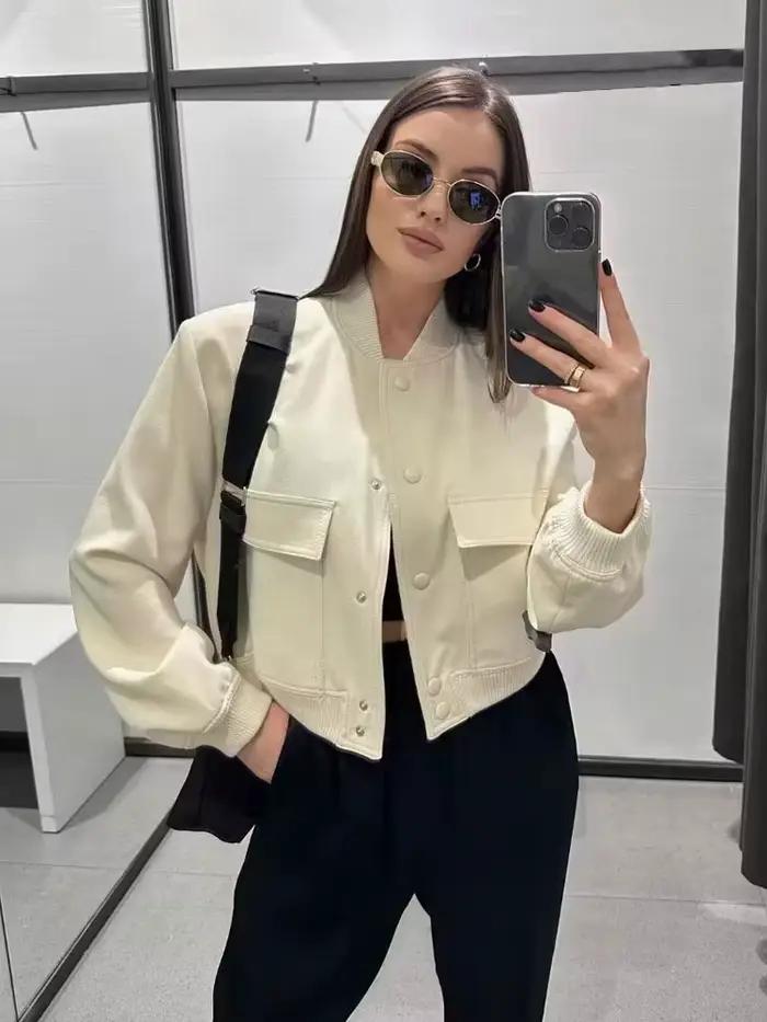 Femmes mode avec poches Bomber veste manteaux Vintage à manches longues bouton avant décontracté vêt