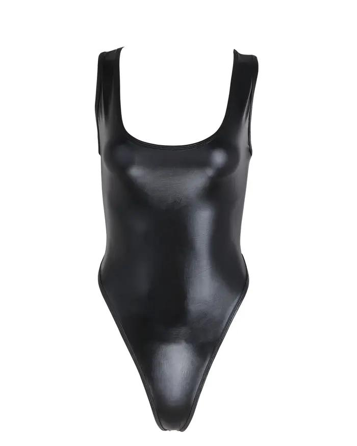 Femmes brillant métallique en cuir verni coupe haute dos nu justaucorps gymnastique body une pièce m