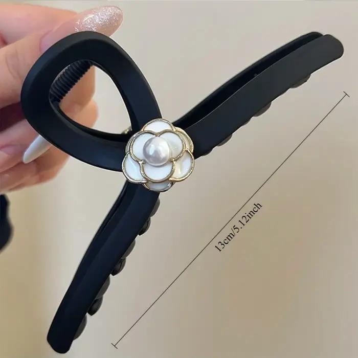 Grande pince à cheveux élégante noire mate en forme de camélia, style français, nouveau design, pinc