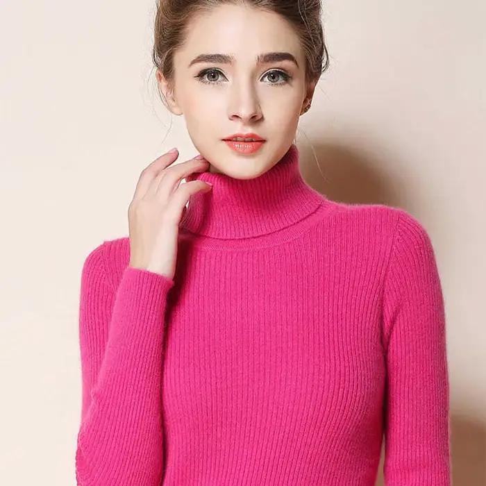 Pull à col roulé pour femme, Simple, mode hiver, tricot élastique, décontracté, couleur unie, noir,