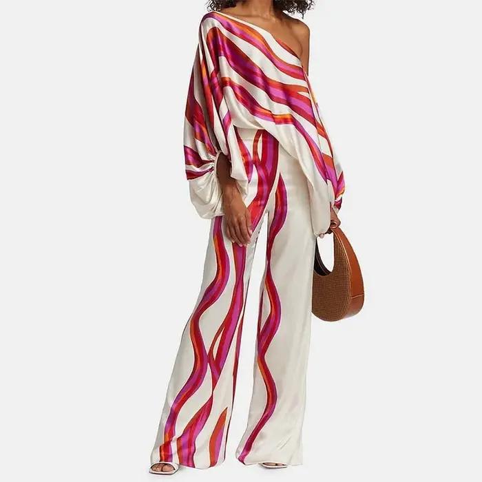 Tenue en Satin imprimé pour femmes, manches lanternes, épaules dénudées, chemisier à manches longues