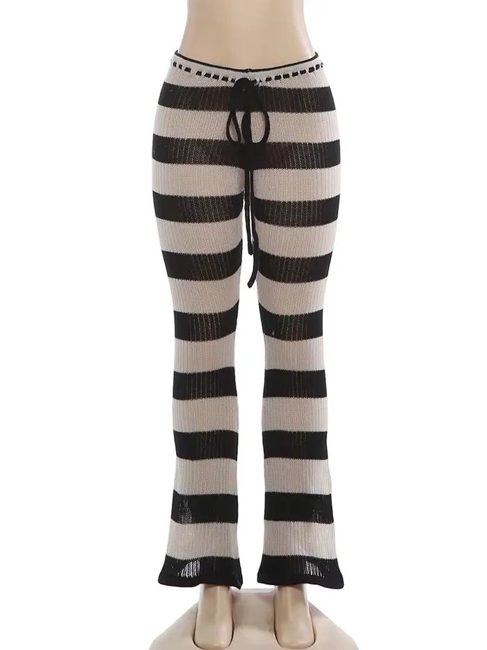 Kliou rayure Patchwork pantalons longs femme automne tendance Crochet froncé élastique taille haute