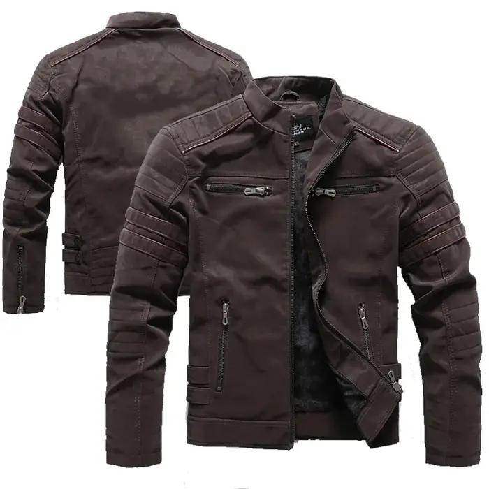 Vintage polaire veste en cuir hiver hommes marque moto PU chaud multi-poches en cuir manteau mâle fe