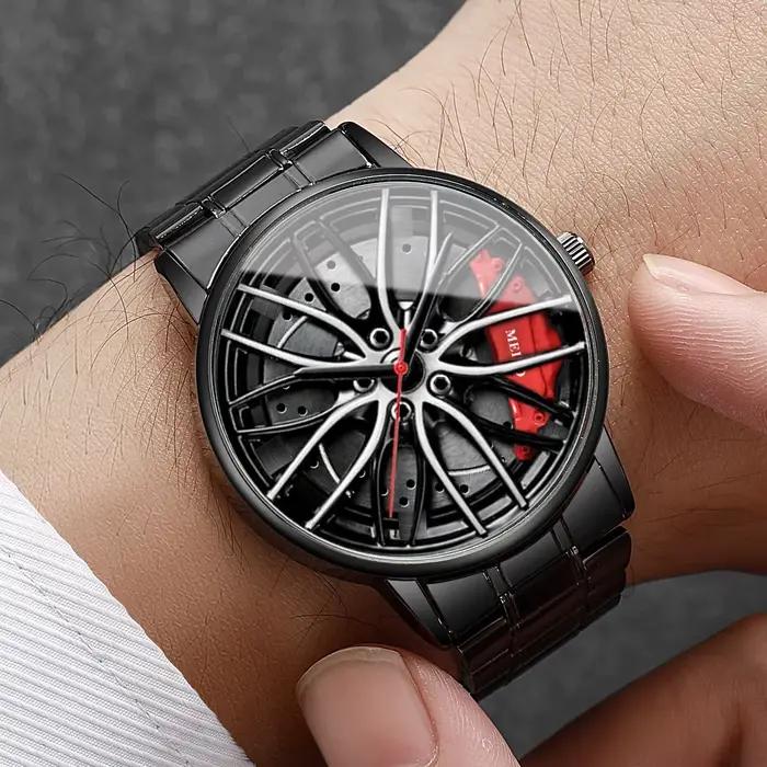 Mode hommes montres de sport 3d roue de voiture bracelet en acier inoxydable montre-bracelet hommes