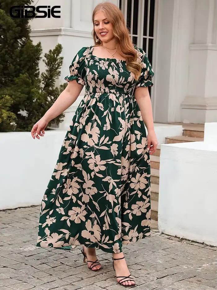 GIBSIE-Robe longue à manches bouffantes et col carré pour femme, maxi, imprimé floral, style bohème,