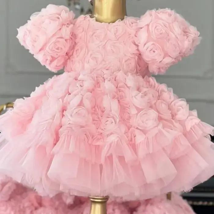 Robe Tutu princesse pour petites filles de 2 à 14 ans, motif floral 3D, Rose, pour fête de mariage,