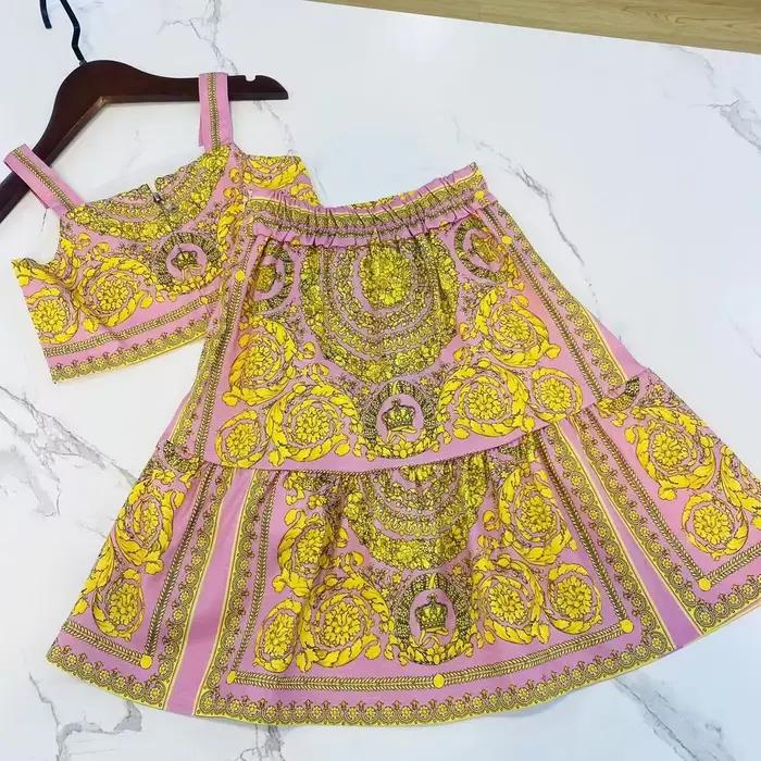 Ensemble de vêtements haut de gamme pour filles, rose, fleur jaune, coton, petite sangle, grande jup