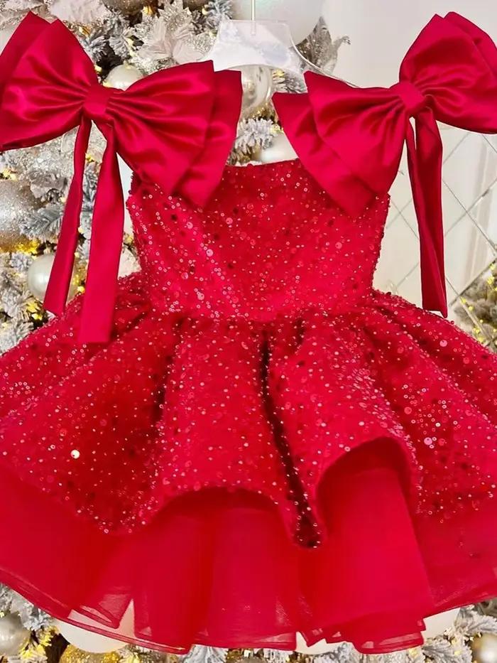 Nouvelle Robe de Noël 2026 pour Enfants, Robe de Princesse à Fleurs et Paillettes pour Mariage, Jupe