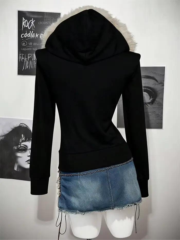 Y2K – sweat à capuche gothique Harajuku pour femmes, Sexy, Slim, Chic, col en fourrure en daim, lett