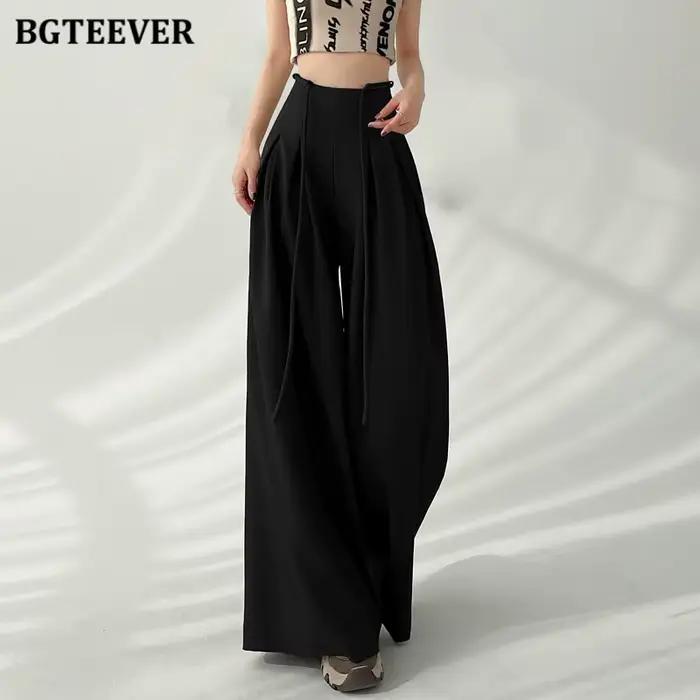 BGTEEVER élégant à lacets taille haute longueur au sol costume pantalon femmes printemps été poches