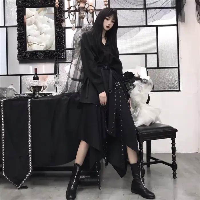 Jupe noire Harajuku pour femmes, Steampunk, gothique, Vintage, victorien, gitane, Hippie, fête Y2k,