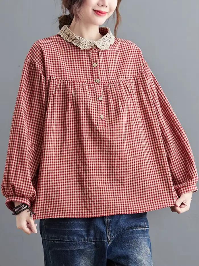 Chemises décontractées à manches longues pour femmes, style simple, col en dentelle, vintage, plaid,